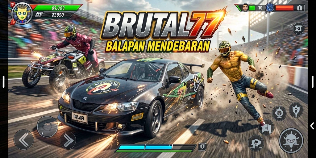 Tangkapan layar gameplay BRUTAL77 menunjukkan aksi balapan yang mendebarkan.