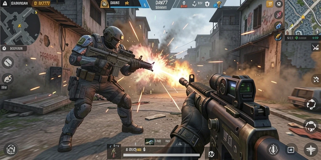 Tangkapan layar gameplay DAN777 yang menampilkan aksi tembak-menembak yang intens.