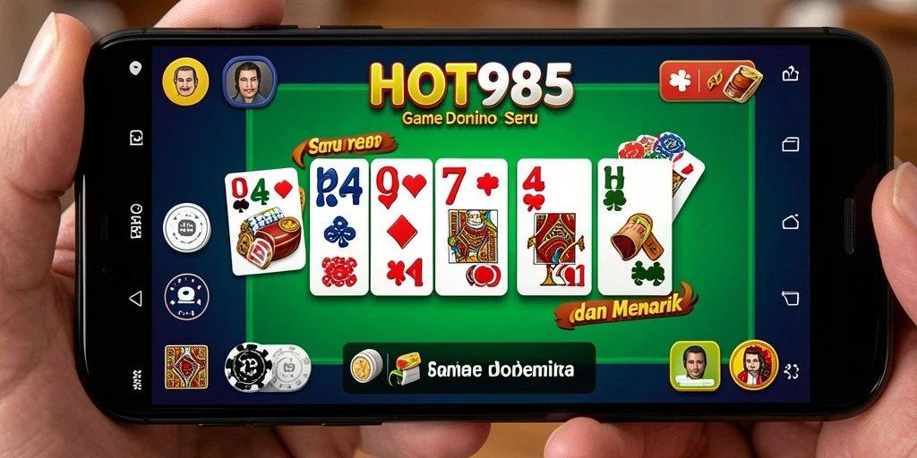 Screenshot utama HOT985 menampilkan gameplay domino yang seru dan kompetitif.