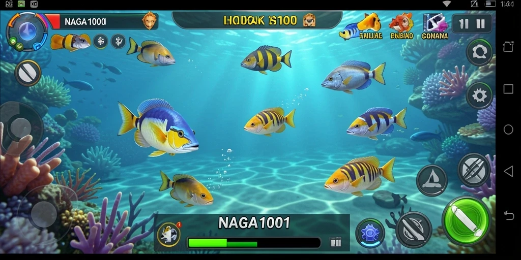 Screenshot gameplay NAGA1001 menampilkan aksi menembak ikan yang seru.