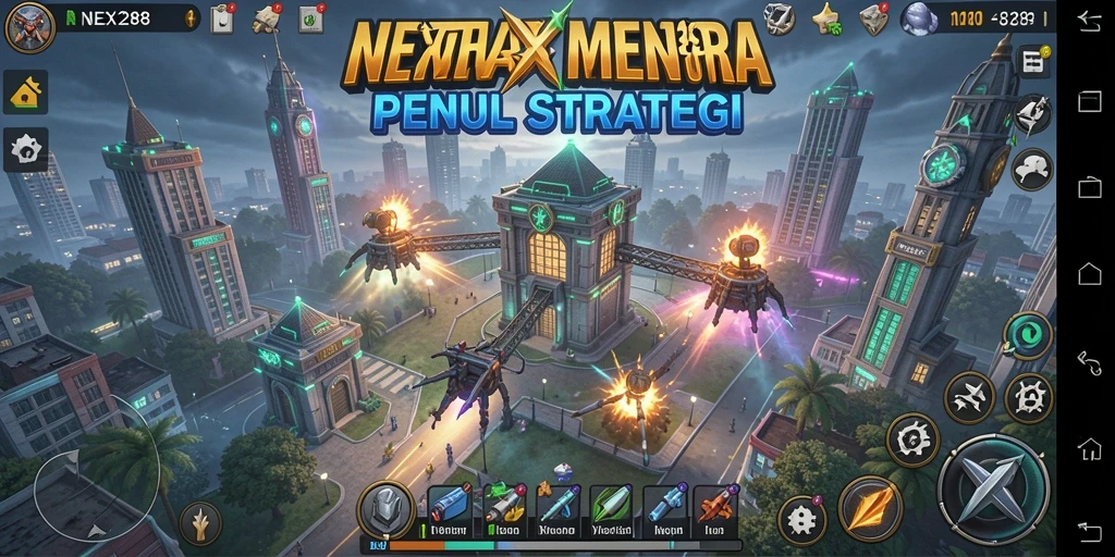 Tangkapan layar gameplay NEX288 menampilkan aksi pertahanan menara yang intens.